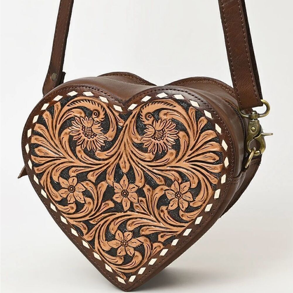New Heart Canteen Purse American Darling Genuine Western Tooled Leather Women